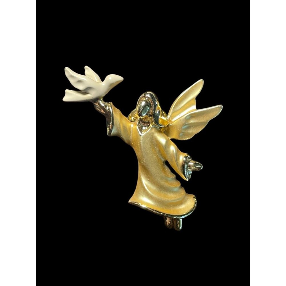 1994 Gigi Giusti Gold Toned Guardian Angel and Enamel White Dove Brooch Pin VTG